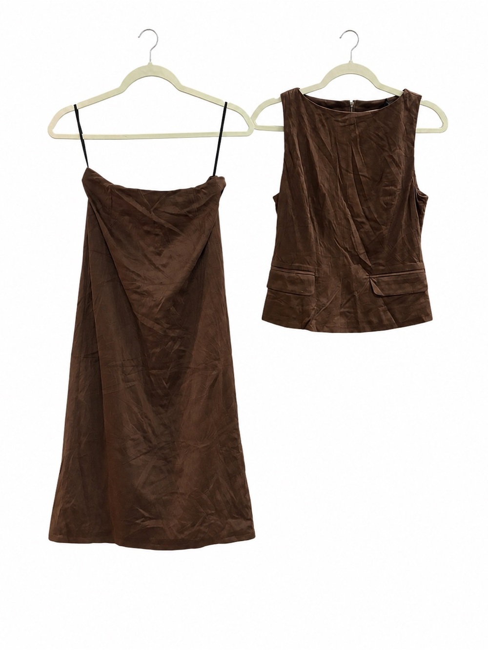 COMMENSE Brown Minimalist Sleeveless Top Midi Skirt Matching Set